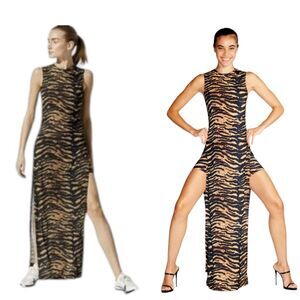 Adam Selman Animal Print Long  Tiger Print Sleeveless Slit Maxi Dress Medium